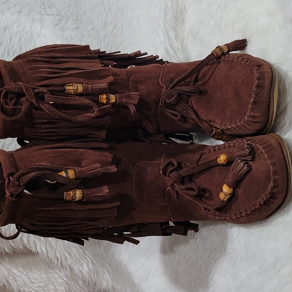 Authentic Gucci Babouska Hysteria Fringe Brown  bamboo Suede Boots - Picture 2 of 16